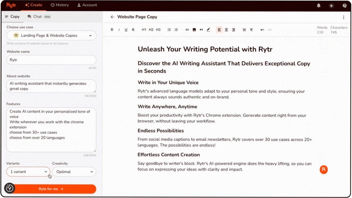 Rytr review — Rytr interface screenshot