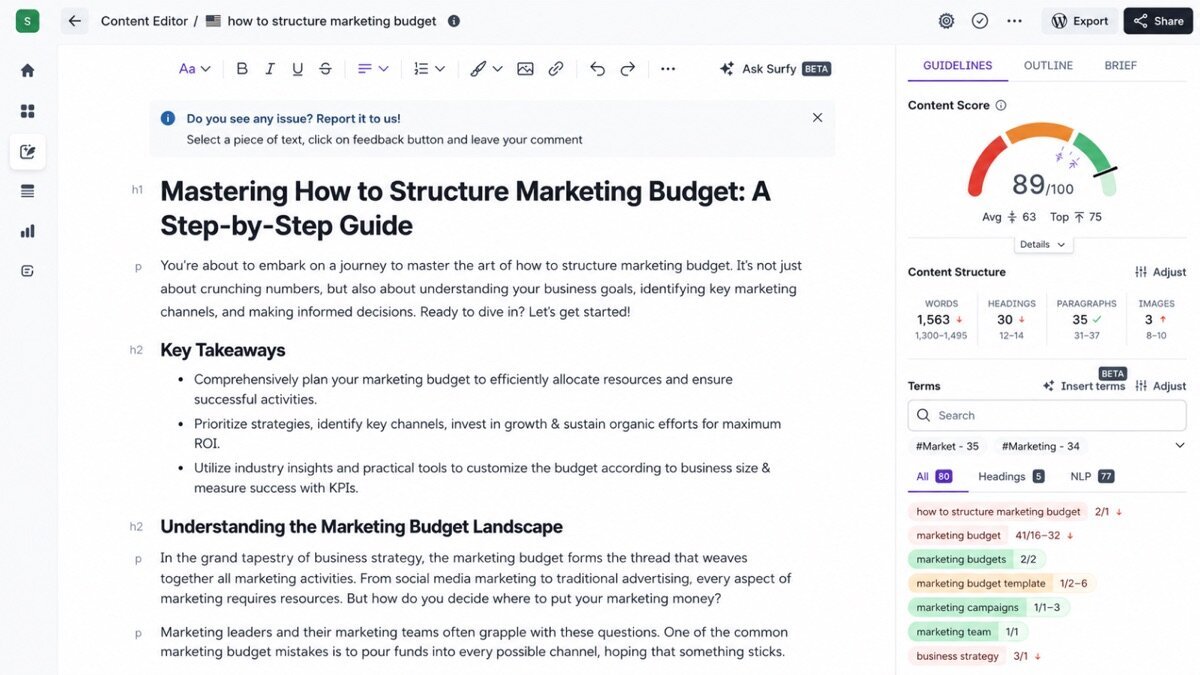 Surfer seo review — Surfer SEO interface screenshot