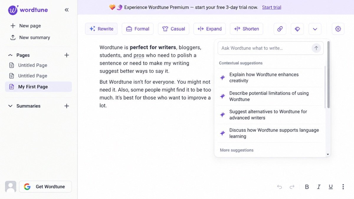 Wordtune review — Wordtune interface screenshot